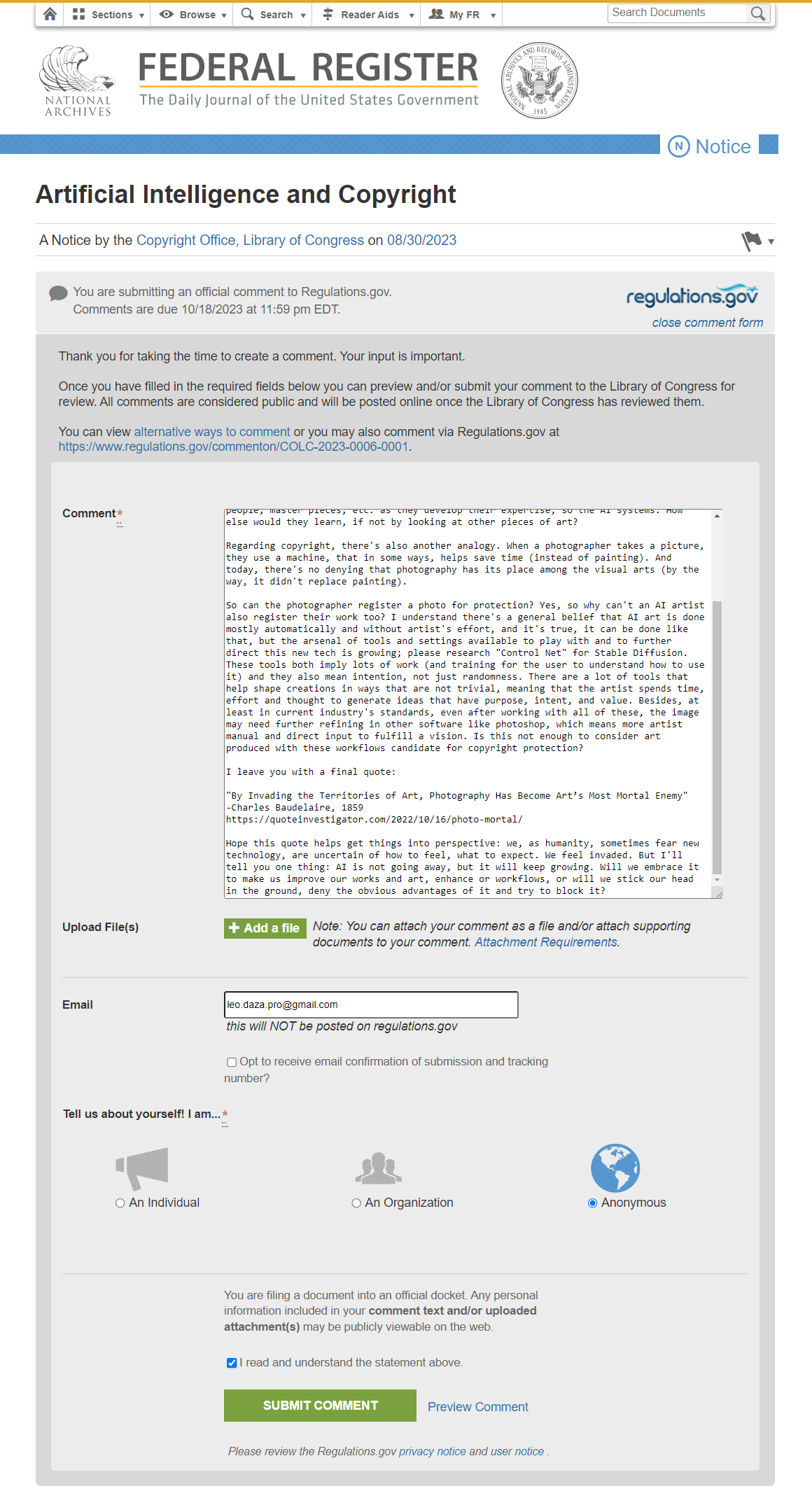 Registra tu opinión sobre regulación de IAG en EEUU